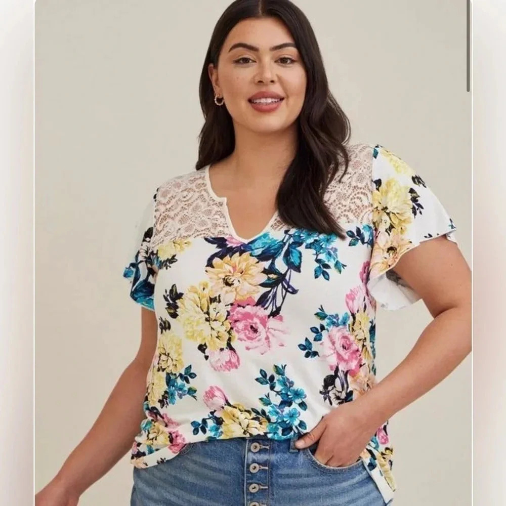 Torrid Knit Jersey Slub Lace Yoke Flutter Sleeve Top